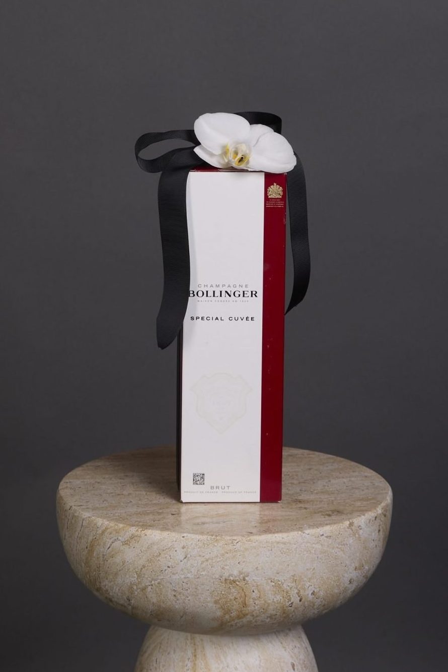 Bollinger Special Cuvée boxed with fresh floral accents – luxury Melbourne gift