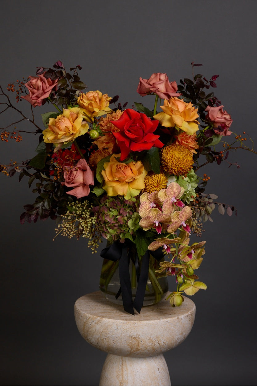 luxurious autumn bouquet with seasonal blooms and foliage
