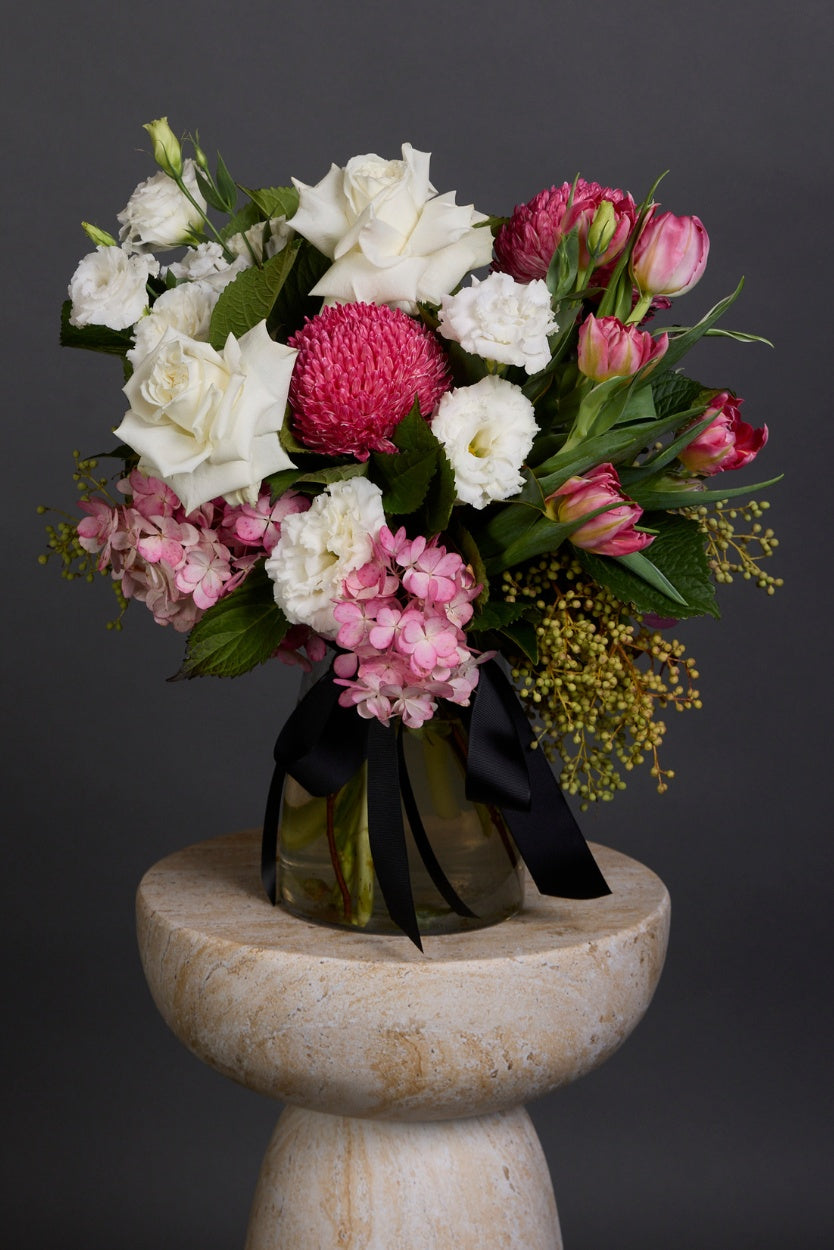 Blushing Bloom posy of pink, white, and blush seasonal flowers – Victoria Whitelaw