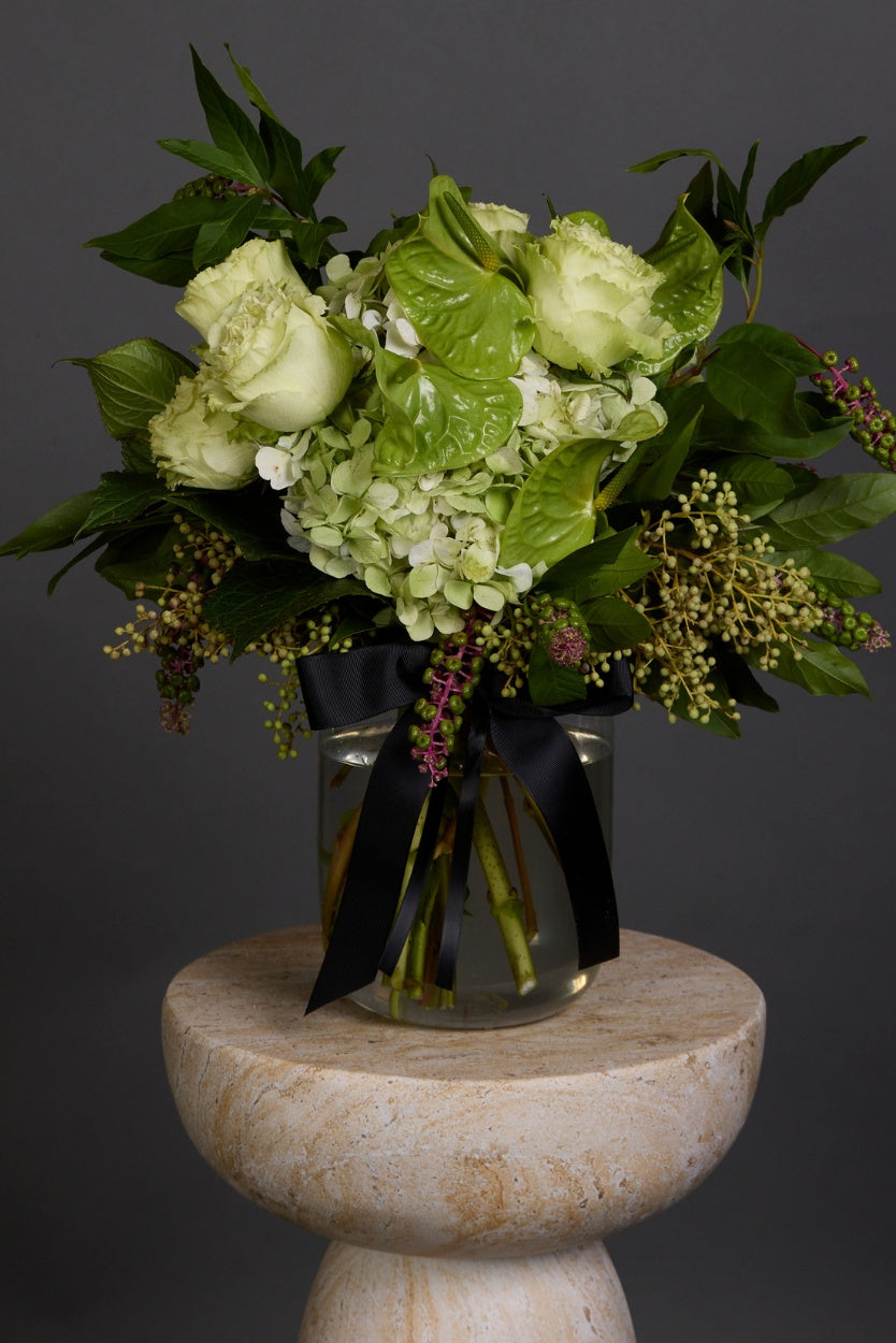Green Emerald Posy featuring soft green seasonal blooms and foliage