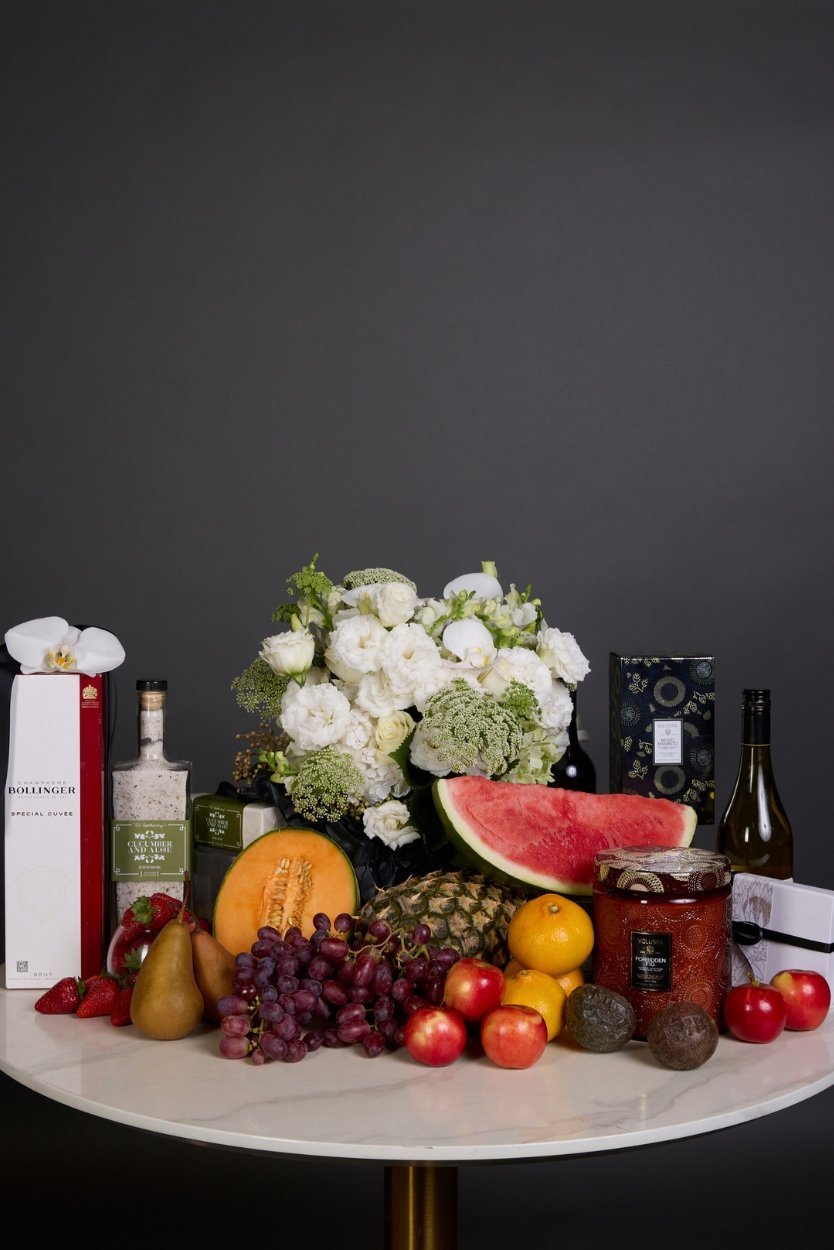Exquisite Hamper with seasonal blooms, chocolates, and Champagne – Victoria Whitelaw