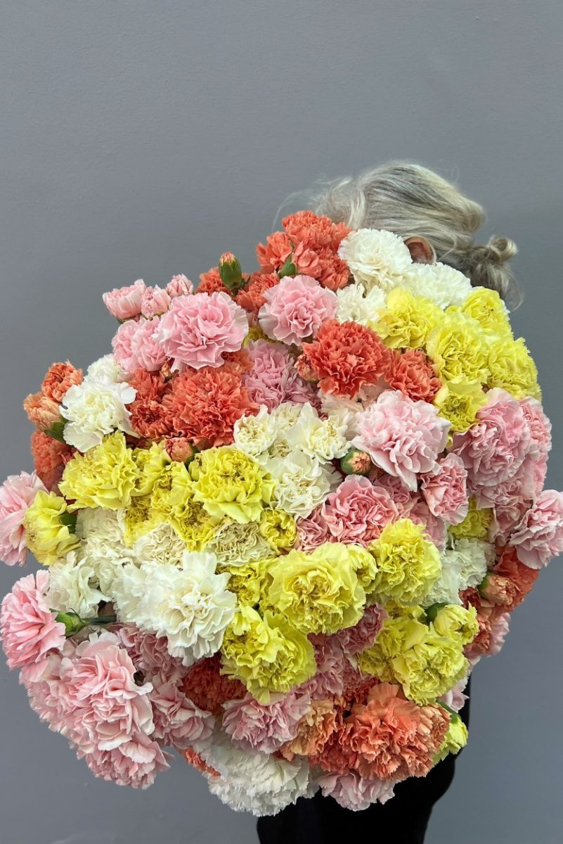 carnations Flower Bouquet featuring pastel-hued carnations with seasonal greenery