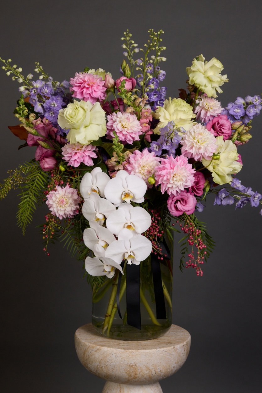 A stunning selection of mixed garden blooms, natural foliages, and trailing phalaenopsis orchids in a cheerful, bright pastel colour palette