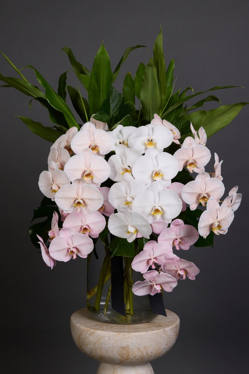 Spectacular stems of cascading, premium phalaenopsis orchids styled with touches of luscious foliages