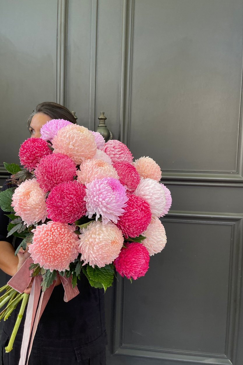Sculptural chrysanthemum disbud bouquet, a classic Mother’s Day flower