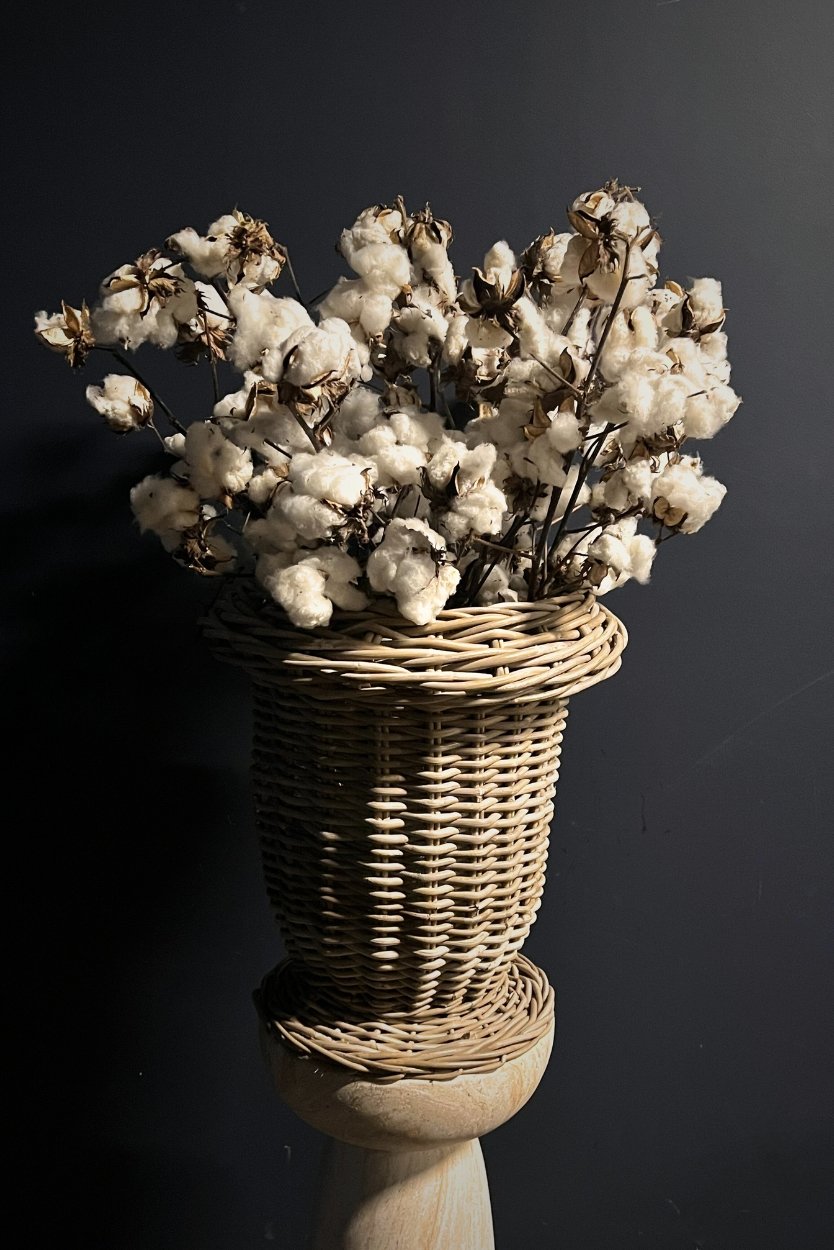 Wicker basket with cotton flower on a dark background
