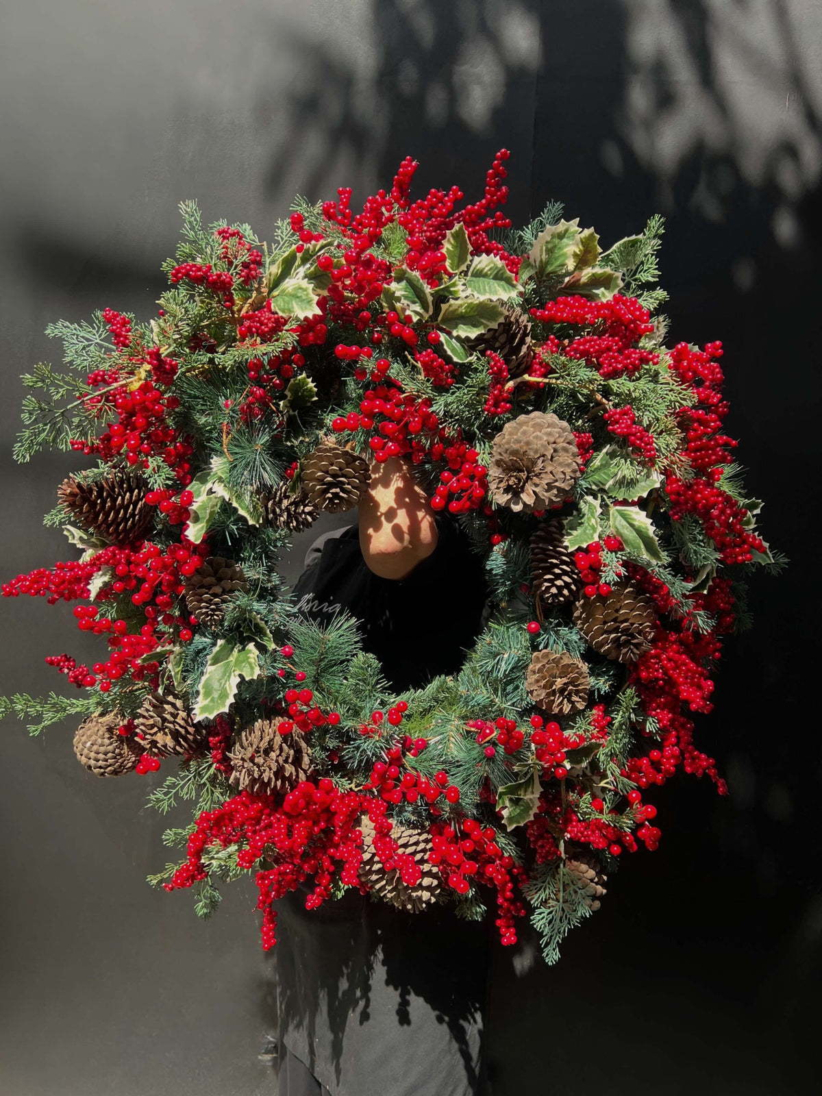 Decorative wreath with red berries and pinecones on a dark background