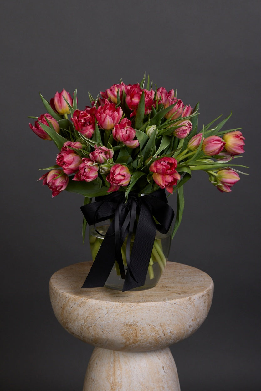 Elita Pink tulip bouquet featuring pink parrot, double, and frill-edged tulips
