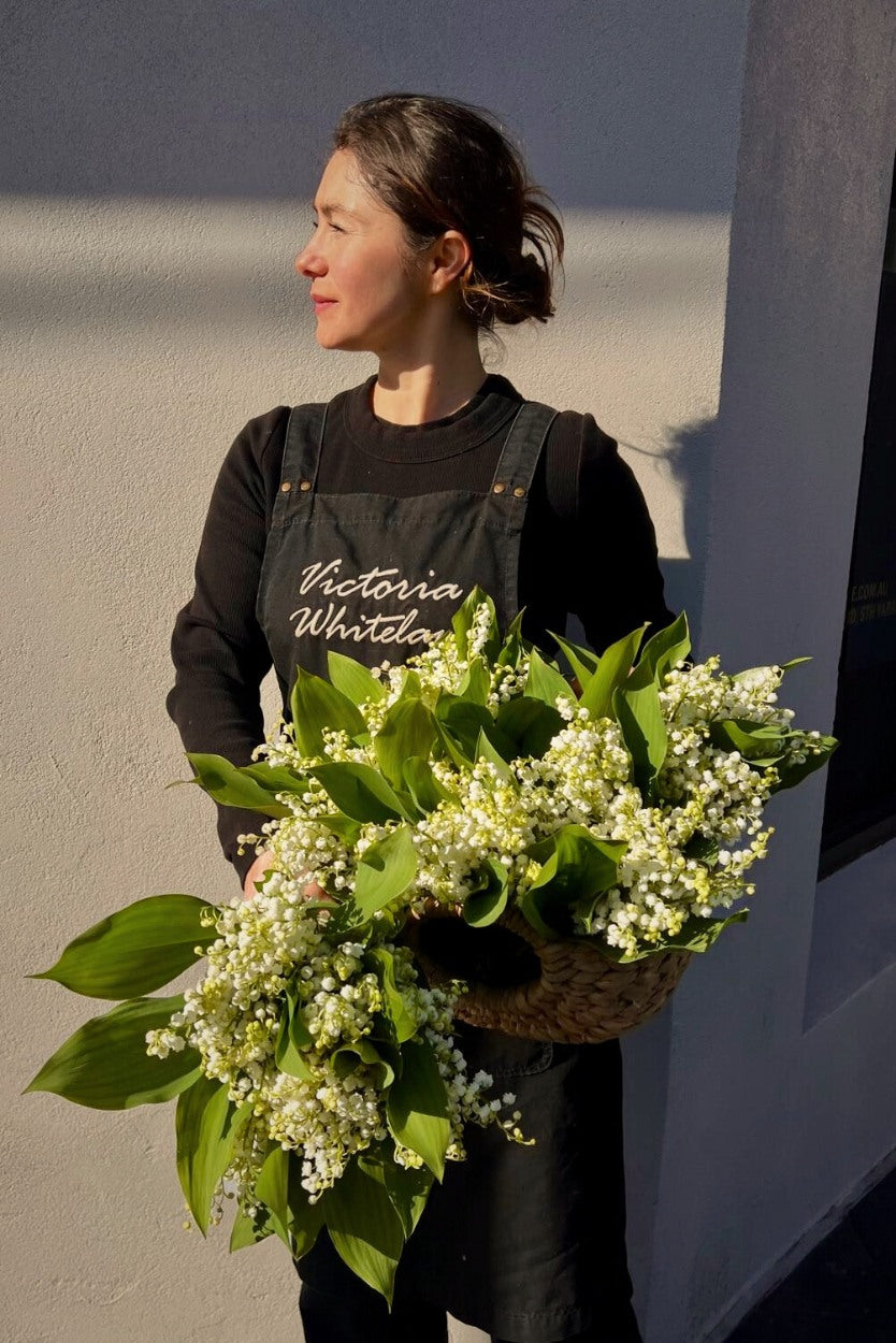 Person holding a bouquet of flowers lily of the valley against a plain background