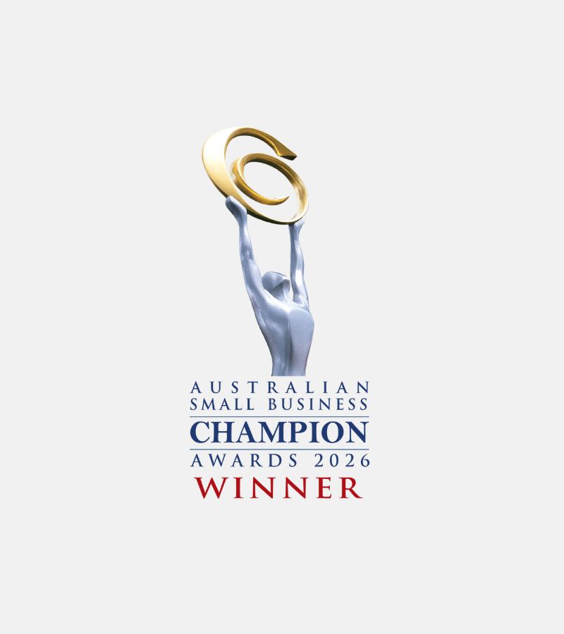 Logo for the Australian Small Business Champion Awards 2026 with a gold and silver trophy on a white background.