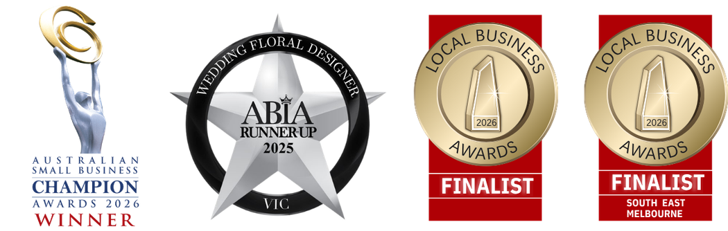 A horizontal banner featuring four award badges: the Australian Small Business Champion Awards 2026 Winner, an ABA RunnerUp 2025 badge, a Local Business Awards Finalist badge, and a Local Business Awards Finalist South East Melbourne badge.
